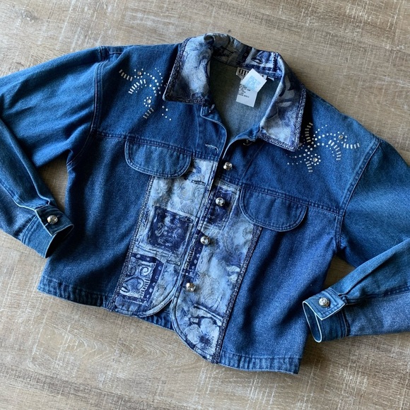 city girl Jackets & Blazers - ▶️ Vintage Cropped Denim Jacket Womens 4 Embroidered Studded Western 90s